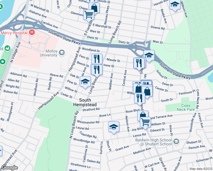 map of restaurants, bars, coffee shops, grocery stores, and more near 558 Christie Street in South Hempstead