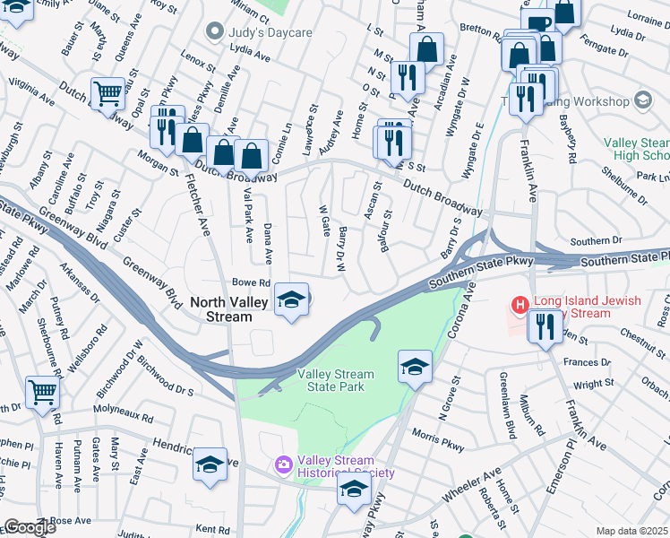 map of restaurants, bars, coffee shops, grocery stores, and more near 921 Barry Drive West in Valley Stream