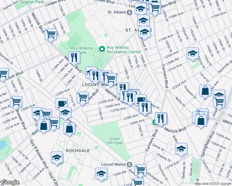 map of restaurants, bars, coffee shops, grocery stores, and more near in Queens