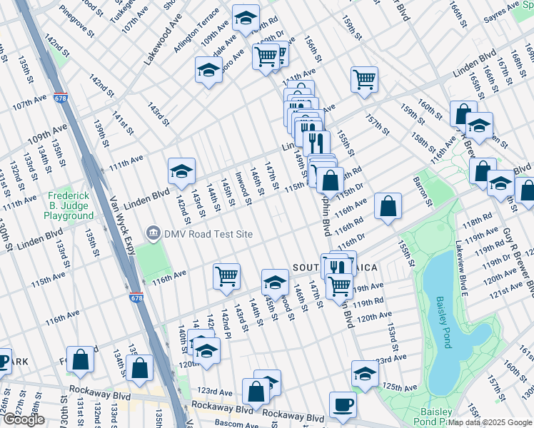 map of restaurants, bars, coffee shops, grocery stores, and more near 115-30 147th Street in Queens