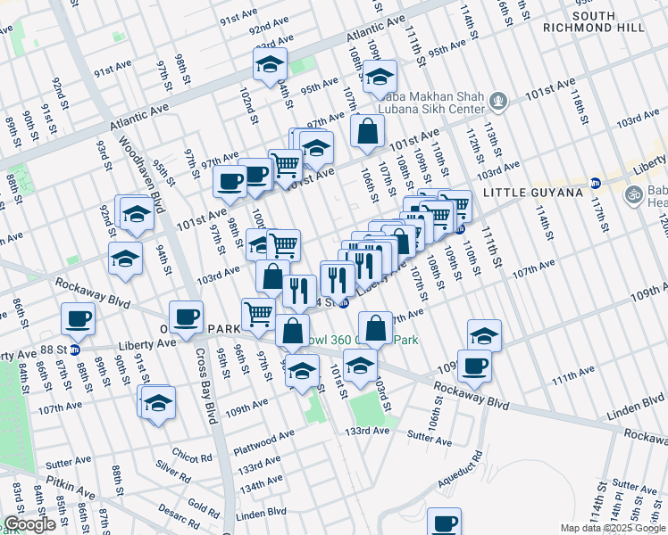 map of restaurants, bars, coffee shops, grocery stores, and more near 103-44 104th Street in Queens