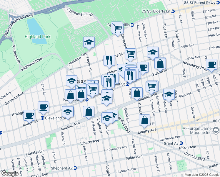 map of restaurants, bars, coffee shops, grocery stores, and more near 3249 Fulton Street in Brooklyn