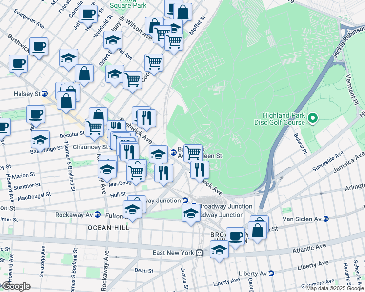map of restaurants, bars, coffee shops, grocery stores, and more near 1533 Bushwick Avenue in Brooklyn