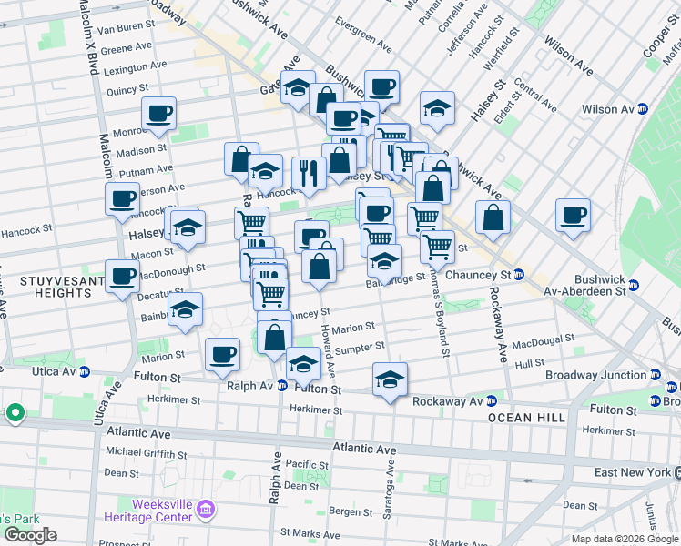 map of restaurants, bars, coffee shops, grocery stores, and more near 606 Decatur Street in Brooklyn