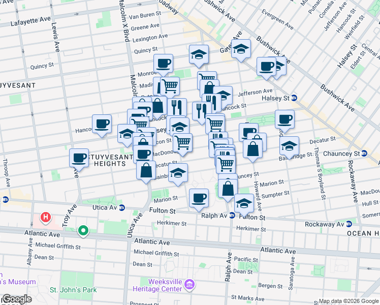 map of restaurants, bars, coffee shops, grocery stores, and more near 548 MacDonough Street in Brooklyn