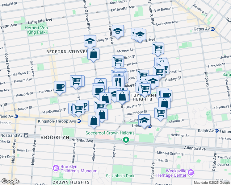 map of restaurants, bars, coffee shops, grocery stores, and more near 365 Lewis Avenue in Brooklyn