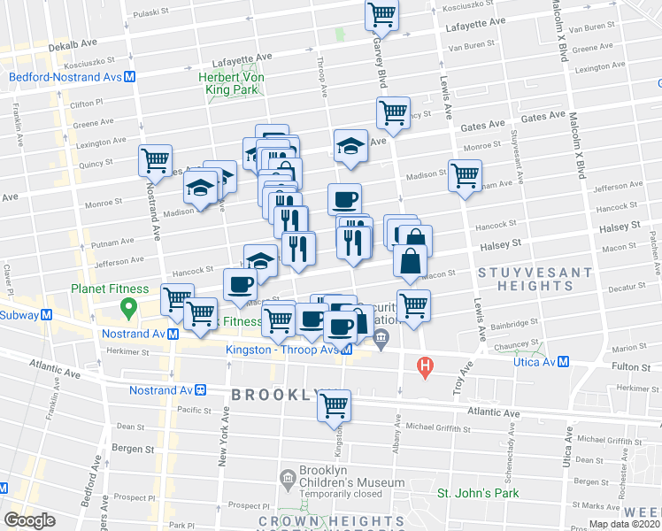 map of restaurants, bars, coffee shops, grocery stores, and more near 269 Halsey Street in Brooklyn