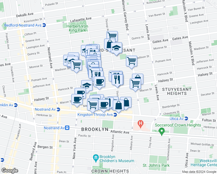 map of restaurants, bars, coffee shops, grocery stores, and more near 269 Halsey Street in Brooklyn