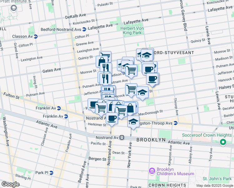 map of restaurants, bars, coffee shops, grocery stores, and more near 187 Hancock Street in Brooklyn