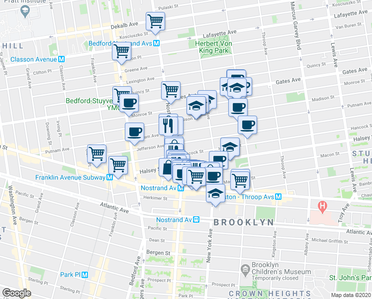map of restaurants, bars, coffee shops, grocery stores, and more near 187 Hancock Street in Brooklyn