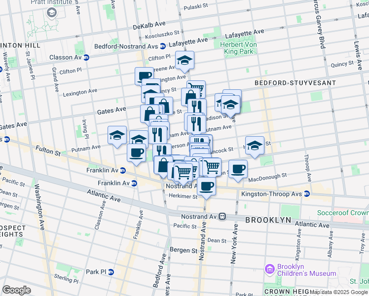 map of restaurants, bars, coffee shops, grocery stores, and more near 156 Jefferson Avenue in Brooklyn