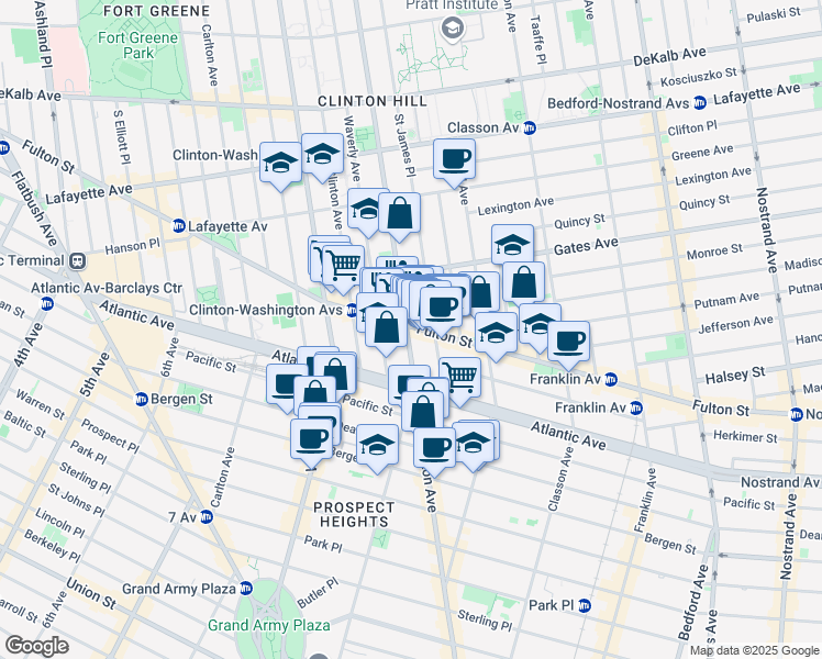 map of restaurants, bars, coffee shops, grocery stores, and more near 900 Fulton Street in Brooklyn