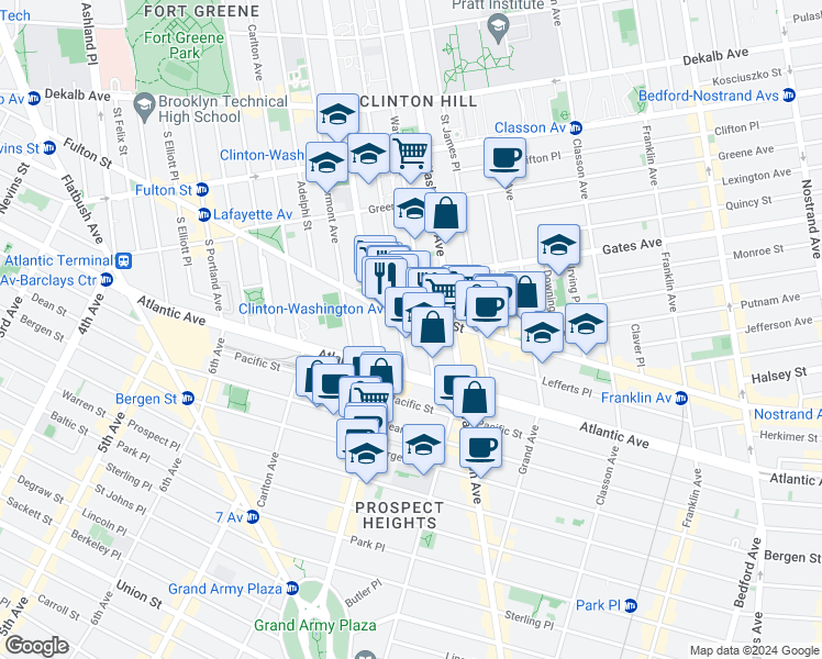 map of restaurants, bars, coffee shops, grocery stores, and more near 864 Fulton Street in Brooklyn