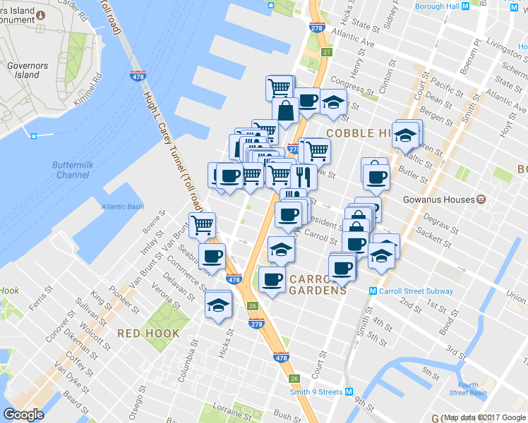map of restaurants, bars, coffee shops, grocery stores, and more near 87 Carroll Street in Brooklyn