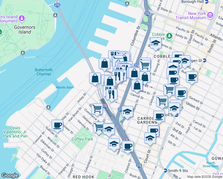 map of restaurants, bars, coffee shops, grocery stores, and more near 50 Carroll Street in Brooklyn