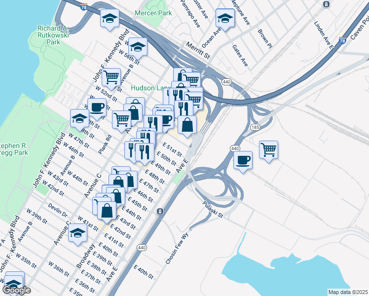 map of restaurants, bars, coffee shops, grocery stores, and more near 36 East 52nd Street in Bayonne