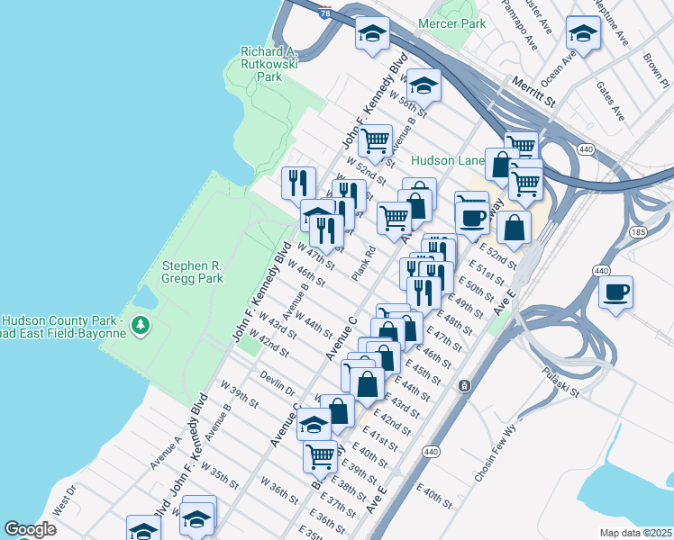 map of restaurants, bars, coffee shops, grocery stores, and more near 93 West 47th Street in Bayonne