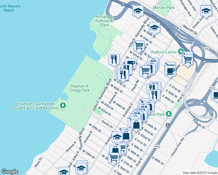 map of restaurants, bars, coffee shops, grocery stores, and more near 1074 John F. Kennedy Boulevard in Bayonne