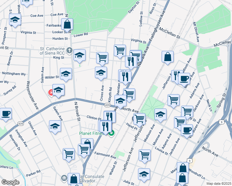 map of restaurants, bars, coffee shops, grocery stores, and more near 849 Sheridan Avenue in Elizabeth