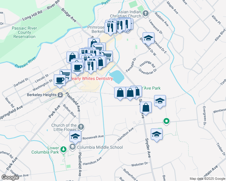 map of restaurants, bars, coffee shops, grocery stores, and more near Lone Pine Drive in Berkeley Heights