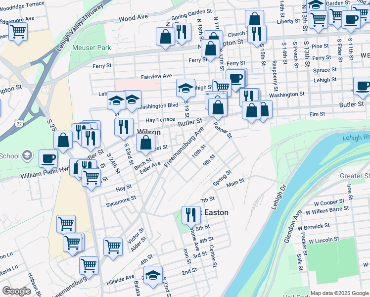 map of restaurants, bars, coffee shops, grocery stores, and more near 1904 Freemansburg Avenue in Easton