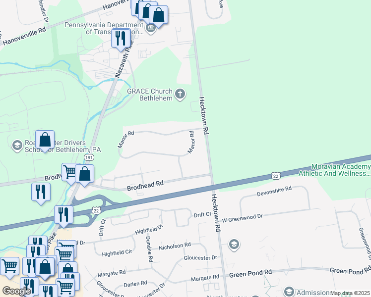 map of restaurants, bars, coffee shops, grocery stores, and more near 3505 Manor Road in Bethlehem