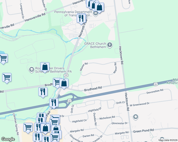 map of restaurants, bars, coffee shops, grocery stores, and more near 3555 Manor Road in Bethlehem