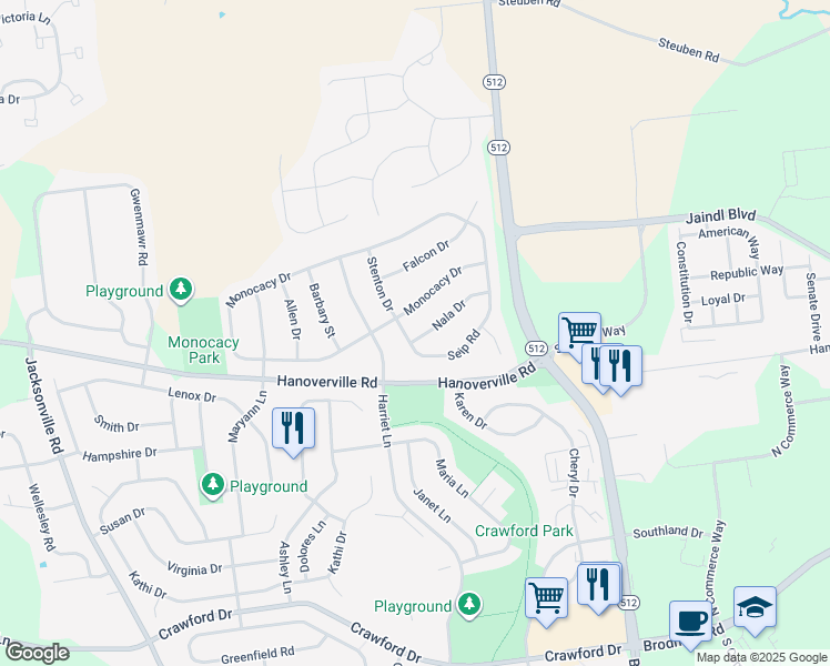 map of restaurants, bars, coffee shops, grocery stores, and more near 5436 Nala Drive in Bethlehem