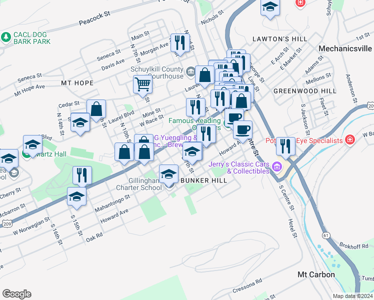 map of restaurants, bars, coffee shops, grocery stores, and more near 609 West Norwegian Street in Pottsville
