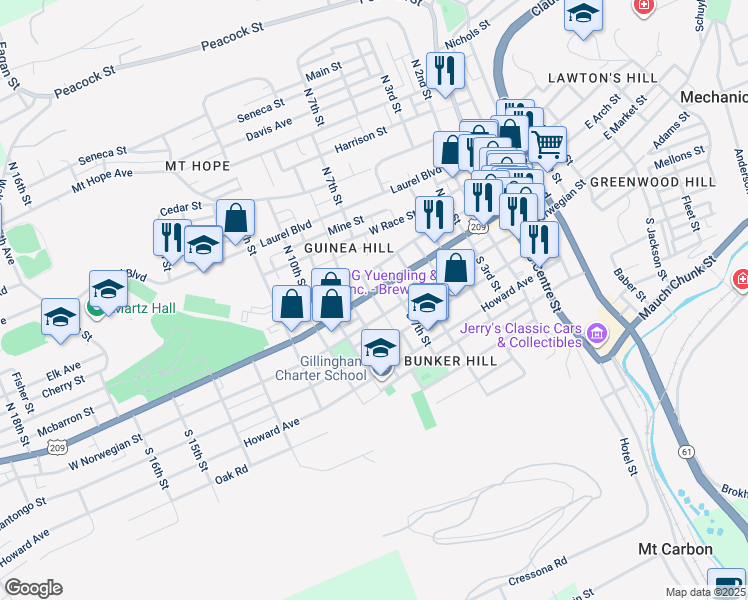 map of restaurants, bars, coffee shops, grocery stores, and more near 803 West Market Street in Pottsville