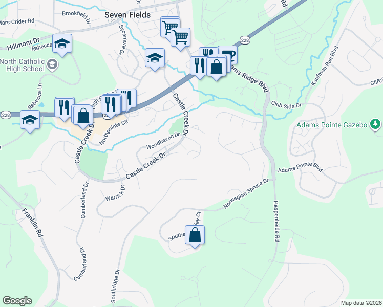 map of restaurants, bars, coffee shops, grocery stores, and more near 217 Hillvue Drive in Seven Fields