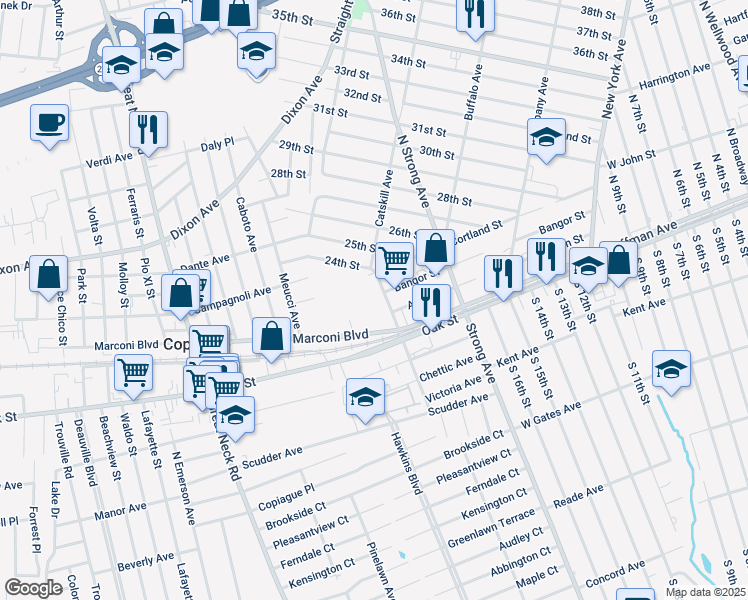 map of restaurants, bars, coffee shops, grocery stores, and more near 105 Wartburg Avenue in Copiague