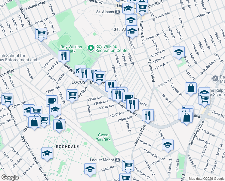 map of restaurants, bars, coffee shops, grocery stores, and more near in Queens