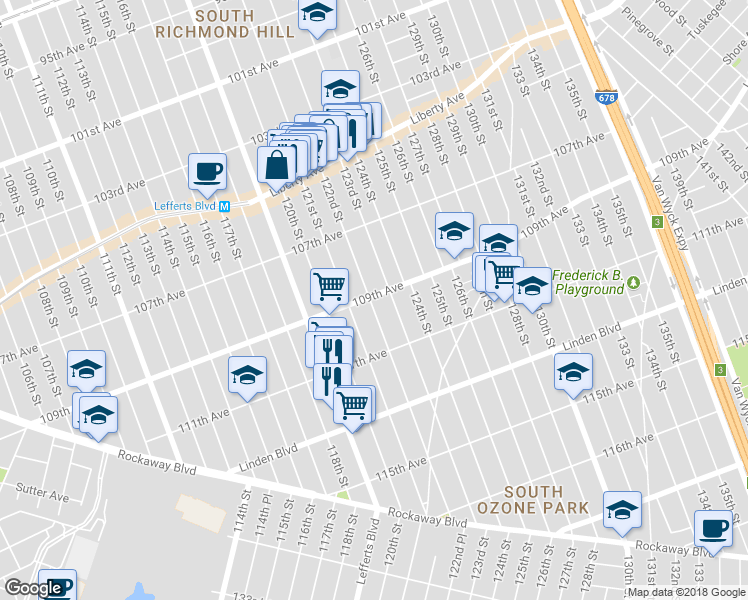 map of restaurants, bars, coffee shops, grocery stores, and more near 122-2 109th Avenue in Queens