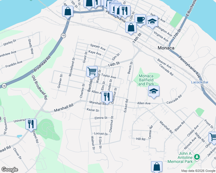 map of restaurants, bars, coffee shops, grocery stores, and more near 1100 Linden Street in Monaca