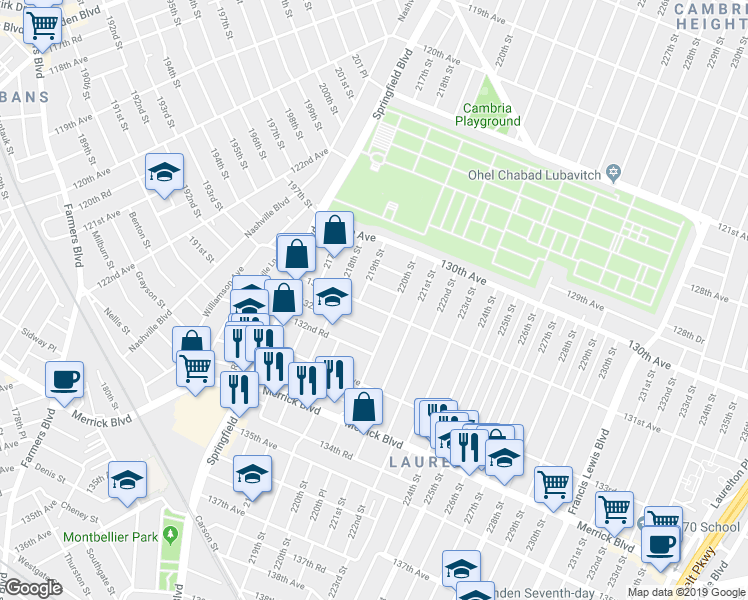 map of restaurants, bars, coffee shops, grocery stores, and more near 219-11 131st Avenue in Queens