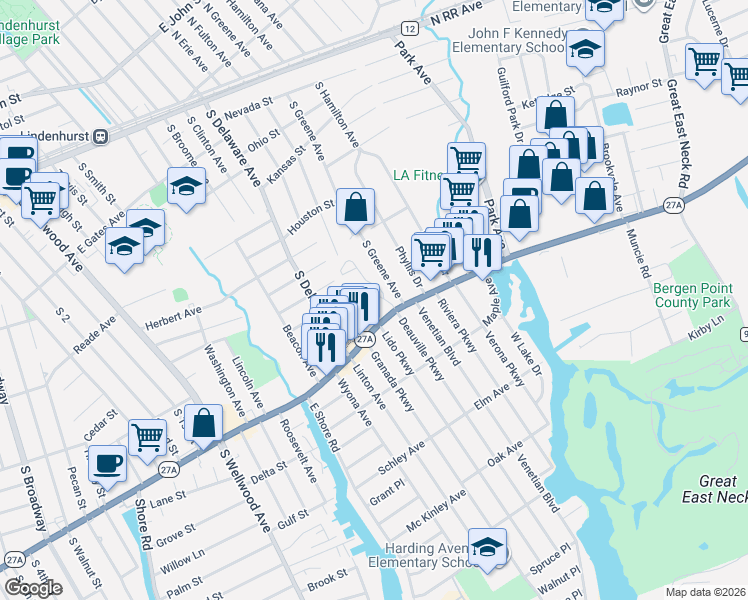 map of restaurants, bars, coffee shops, grocery stores, and more near 826 Narragansett Villas Drive in Lindenhurst