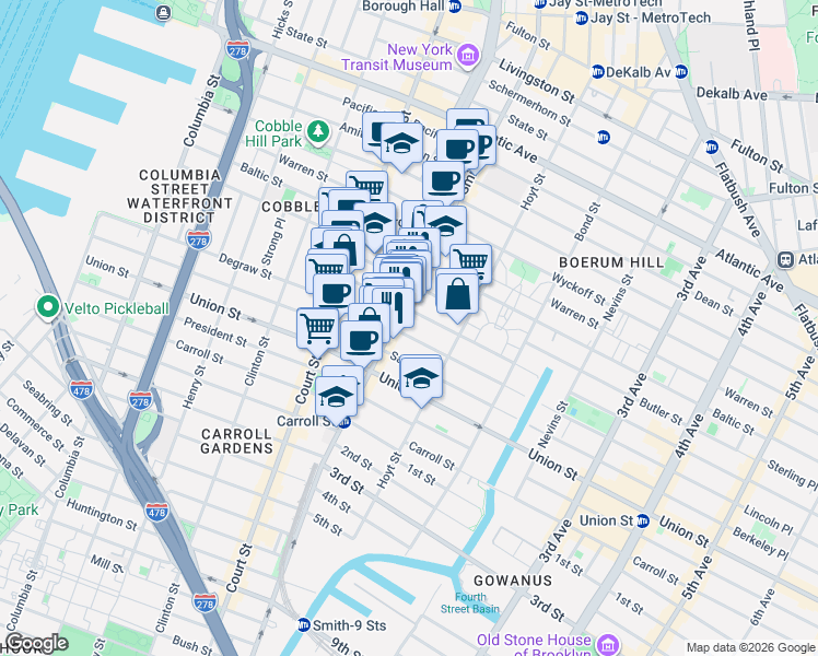 map of restaurants, bars, coffee shops, grocery stores, and more near 84 Douglass Street in Brooklyn
