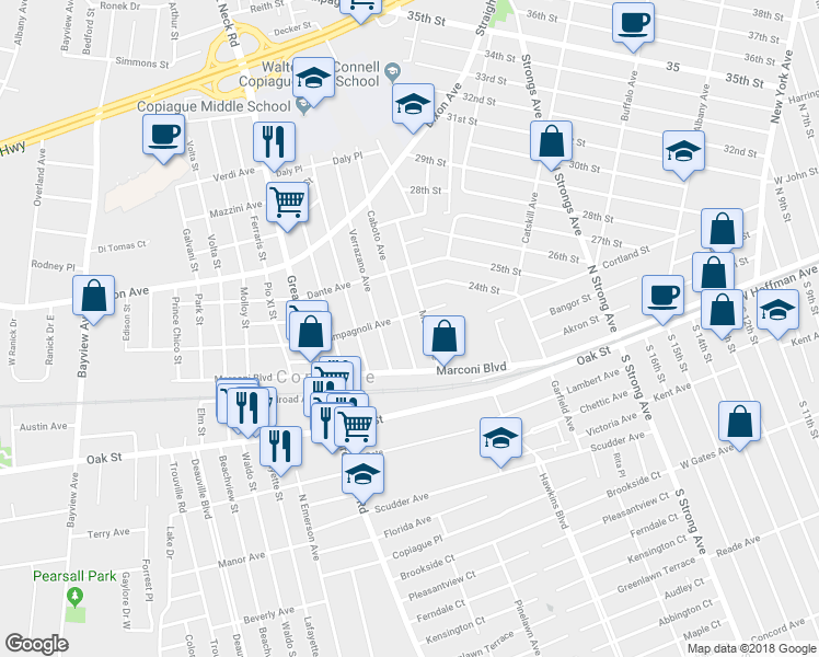 map of restaurants, bars, coffee shops, grocery stores, and more near 60 Caboto Avenue in Copiague