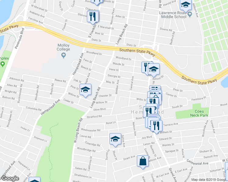 map of restaurants, bars, coffee shops, grocery stores, and more near 558 Christie Street in South Hempstead