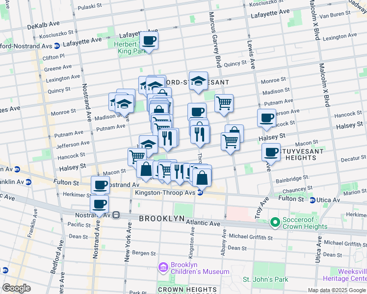 map of restaurants, bars, coffee shops, grocery stores, and more near 269 Halsey Street in Brooklyn