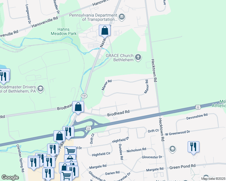 map of restaurants, bars, coffee shops, grocery stores, and more near 3550 Manor Road in Bethlehem