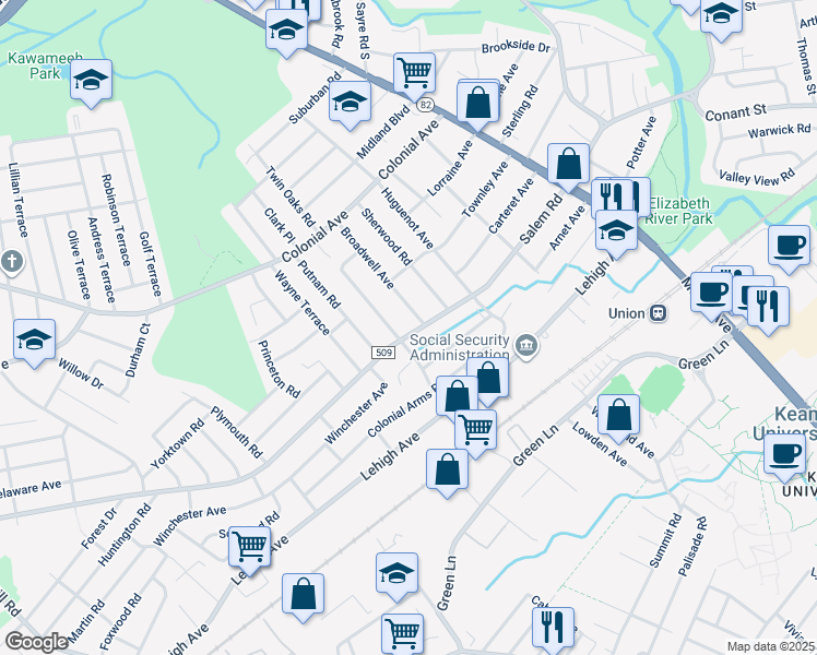map of restaurants, bars, coffee shops, grocery stores, and more near 764 Salem Road in Union