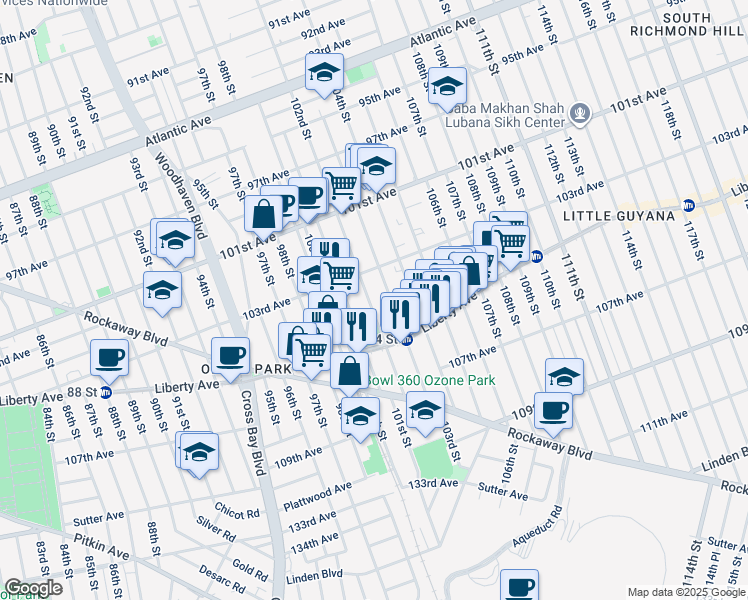map of restaurants, bars, coffee shops, grocery stores, and more near 103-33 102nd Street in Queens