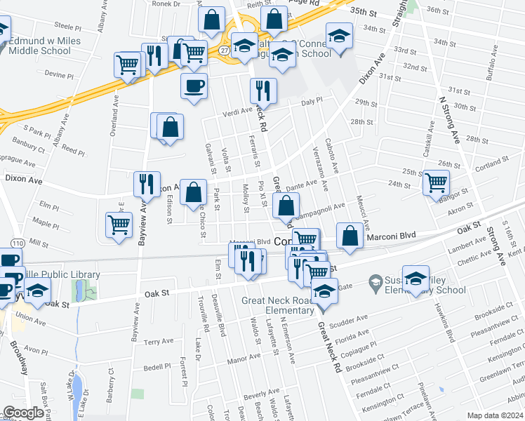 map of restaurants, bars, coffee shops, grocery stores, and more near 80 Church Place in Copiague