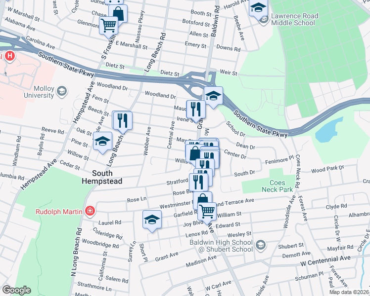 map of restaurants, bars, coffee shops, grocery stores, and more near 645 Christie Street in South Hempstead