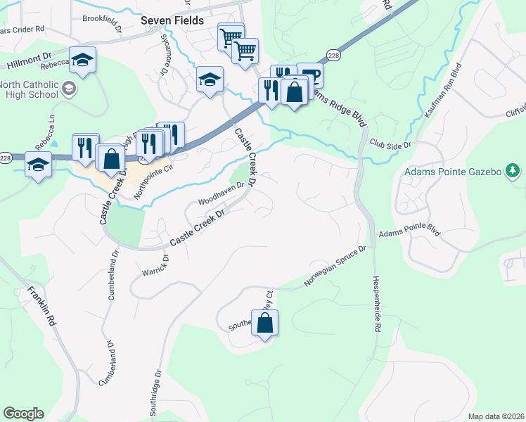 map of restaurants, bars, coffee shops, grocery stores, and more near 208 Hillvue Drive in Seven Fields