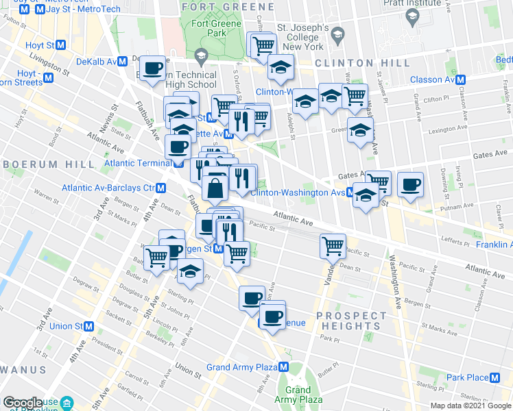 map of restaurants, bars, coffee shops, grocery stores, and more near Atlantic Ave & S Oxford St in Brooklyn