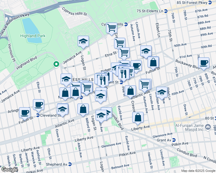 map of restaurants, bars, coffee shops, grocery stores, and more near 3249 Fulton Street in Brooklyn