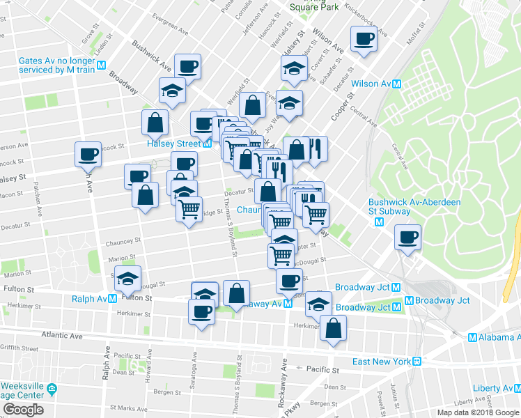 map of restaurants, bars, coffee shops, grocery stores, and more near 616 Bainbridge Street in Brooklyn